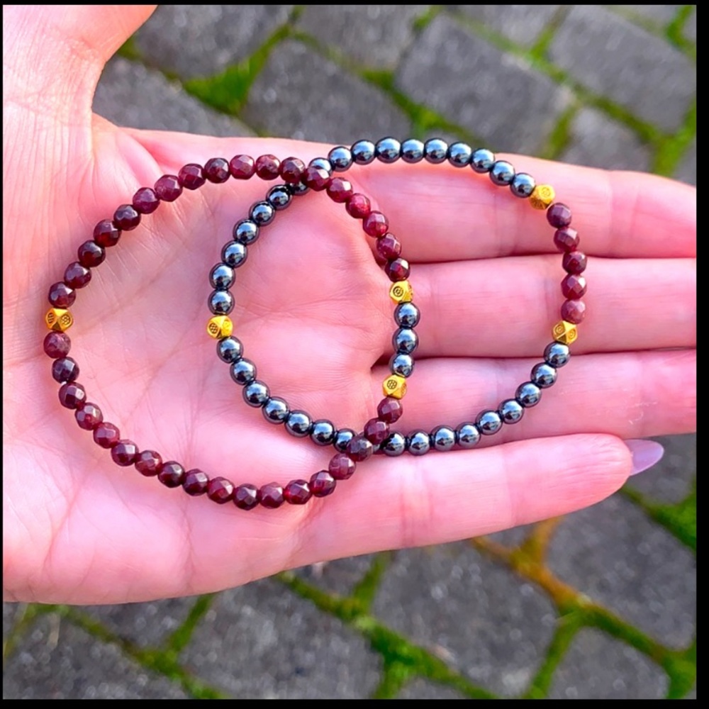 January Birthstone Garnet/hematite bracelets set